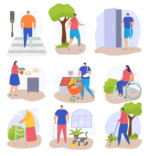 Disabled people lifestyle, isolated on white set, vector illustration, flat woman person character at wheelchair, disability man without leg. — Stock Vector