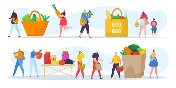 Ecología gente amigable conjunto concepto, ilustración de vectores. Hombre pequeño plana mujer carácter compras, uso eco bolsa de papel sin plástico. — Vector de stock