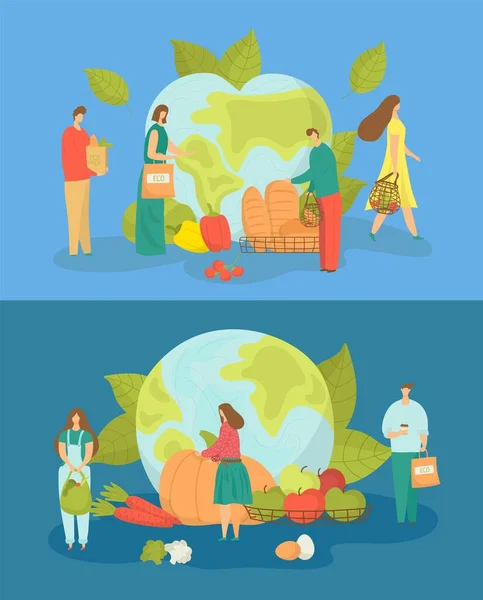 Planet ecology, care about earth environment, vector illustration. Flat tiny people use recycle eco bag, woman man stand near globe - Stok Vektor