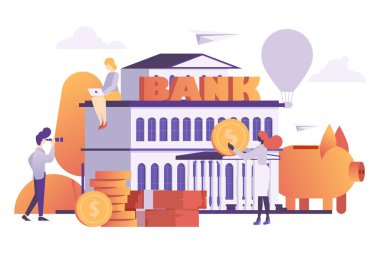 Banka finans sistemi, küçük işçi iş adamları karakter, kadın iş bilgisayarı ve erkek casus cam düz vektör çizimi, beyaz üzerine izole.