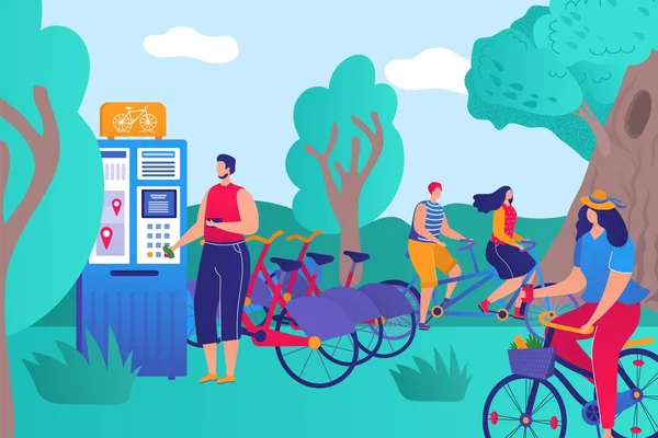 Aluguel de bicicletas Parkland, estilo de vida saudável pessoas caráter juntos atividade esportiva plana vetor ilustração, máquina automática de aluguel. —  Vetores de Stock