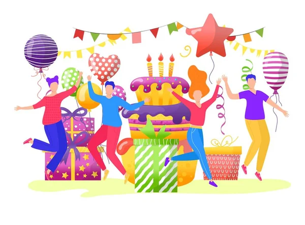 Cheerful young teenager people character together celebrate birthday party, birth cake with balloon flat vector illustration, isolated on white. — Stock Vector