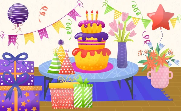 Веселый праздник день рождения, рожденный торт свеча с воздушным шаром, букет цветок плоский векторная иллюстрация, оберточная бумага подарок коробку. — стоковый вектор