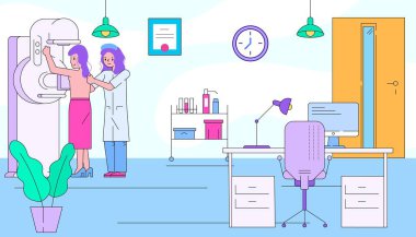Hasta kadın karakter röntgen kabinesini ziyaret ediyor, profesyonel doktor radyoloji uzmanı hasta düz çizgi çizim illüstrasyon pankartı. Tıbbi muayene odası, konsept terapi florografisi..