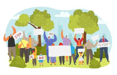 Halk karakter grubu protestoyu birlikte protesto ediyor. Metin tabletini durdur, düz vektör illüstrasyonunu durdur, beyaz üzerine izole edilmiş..