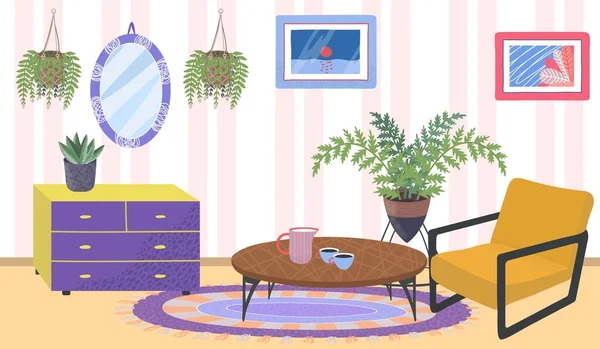 Comfortabele woning appartement kamer plaats, groene organische gezellige huis planten, ontspannen kast platte vector illustratie, vintage stijl spiegel. — Stockvector
