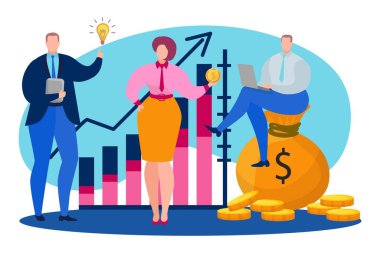 İş adamı iş bilgisayarı para çantasının üzerinde oturuyor, yaratıcı anlaşma fikir ampul düz vektör çizimi, beyaz üzerinde izole.