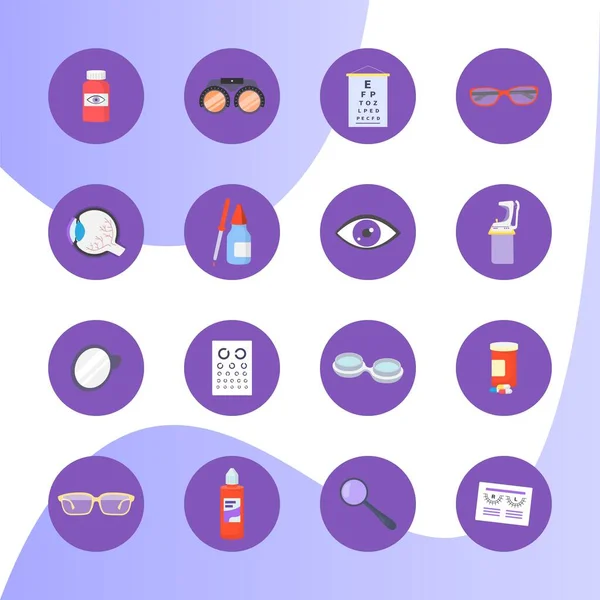 Concept optometry icon set, medical care flat vector illustration, columted on blue, concept eye problem treatment. — 스톡 벡터
