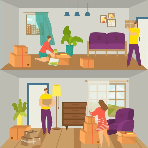 Lovely family people character together moving house, couple change apartment flat vector illustration, comfortable. - Stok Vektor
