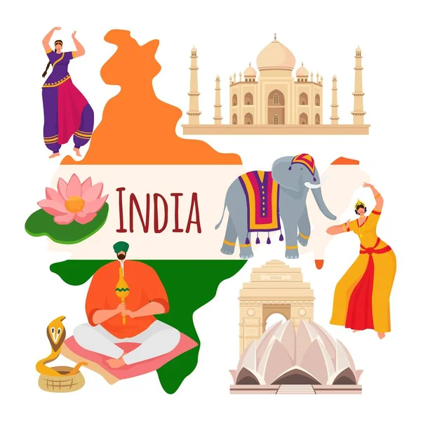 Índia país pesquisa conceito, mundo asiático oriental estereótipo serpente encantador, templo e elefante plana vetor ilustração, isolado no branco. — Vetor de Stock
