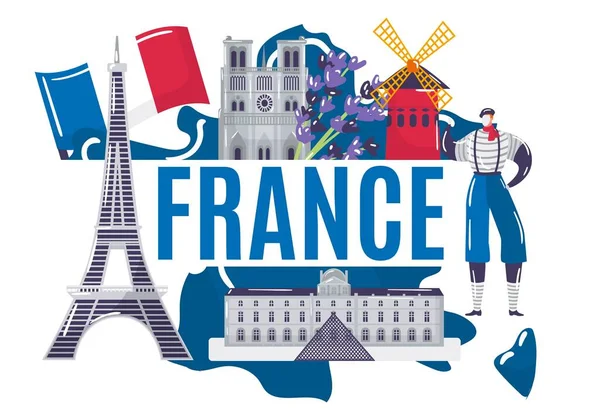 프랑스의 국가 연구 개념, 세계 유로 판 프랑스 고정 형 에펠 탑 , mim flat vector illustration, 고립 백인에. — 스톡 벡터