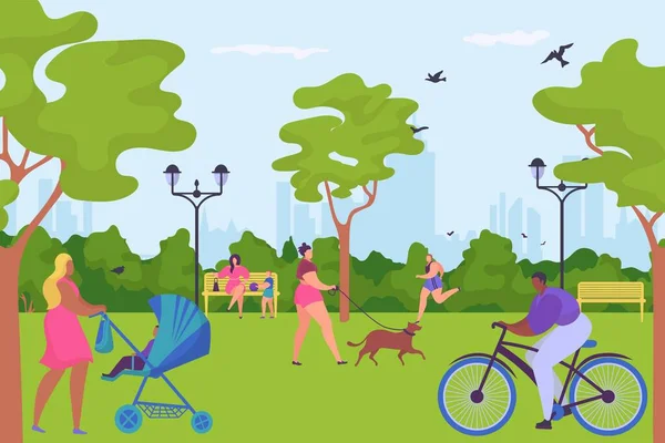 Personaggio persone insieme trascorrere del tempo in bici giro parco, cane a piedi e jogging, passeggiata umana all'aperto giardino urbano piatto vettoriale illustrazione. — Vettoriale Stock