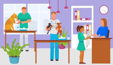 Profesyonel veteriner doktor karakteri evcil kedi ve köpek besleme, veteriner kliniği evcil hayvan yassı illüstrasyon pankartına yardım ediyor.