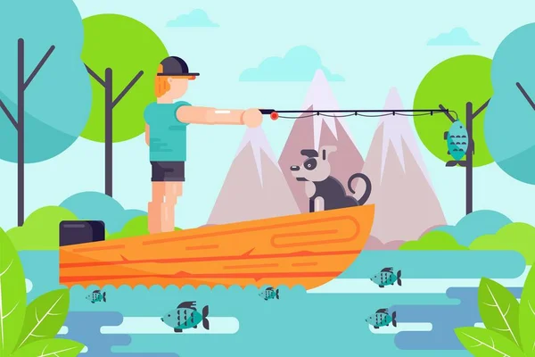 Pasatiempo al aire libre personaje masculino pescador mantenga caña de pescar, hombre con perro relajarse en barco plana vector ilustración, paisaje de la naturaleza. — Vector de stock