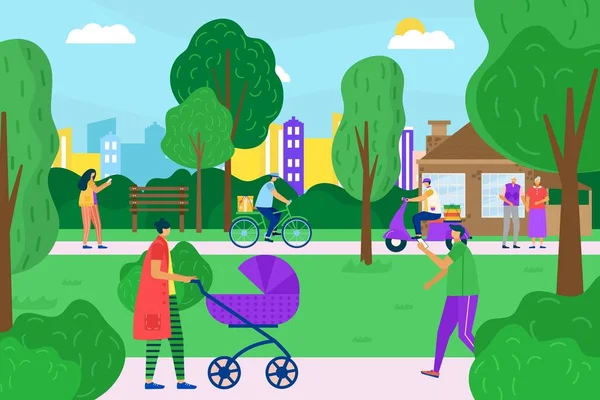 Personaje Townspeople juntos caminar jardín de la ciudad, diferentes personas pasear al aire libre parque urbano plana vector ilustración, vista del paisaje urbano. — Vector de stock