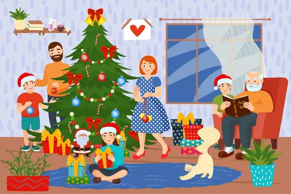 Lovely family people character together celebrate christmas holiday, happy new year party day flat vector illustration banner. — Stock Vector