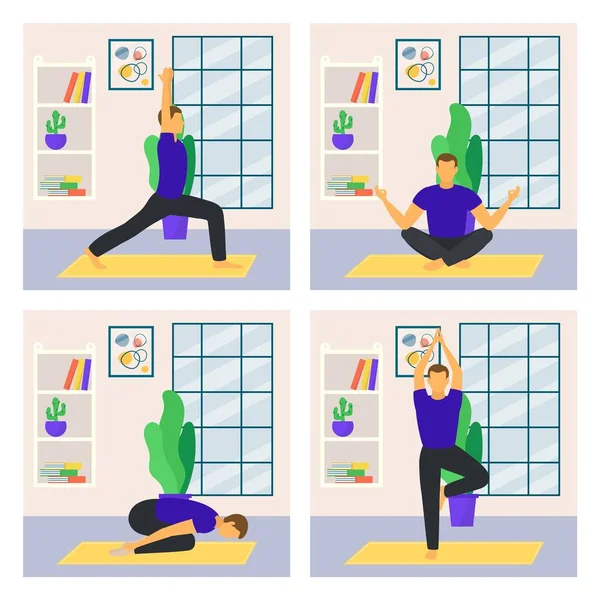 Zelfgemaakte yoga fysieke activiteit, mannelijke karakter workout poster kaart set, aziatische praktijk platte vector illustratie, geïsoleerd op wit. — Stockvector