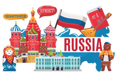 Rus Federasyonu Ülke Araştırmaları Konsepti, Avrupa basmakalıp kremlin, matryoshka düz vektör çizimi, beyaz üzerine izole edilmiş.
