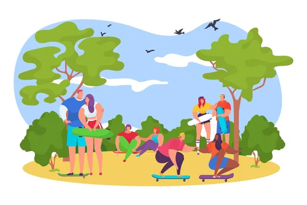 십 대 자녀들은 함께 스케이트 보드를 타고 다니고, 극단적 인 취미 활동을 하며 공원의 평평 한 벡터 삽화를 흰색으로 표시한다. — 스톡 벡터