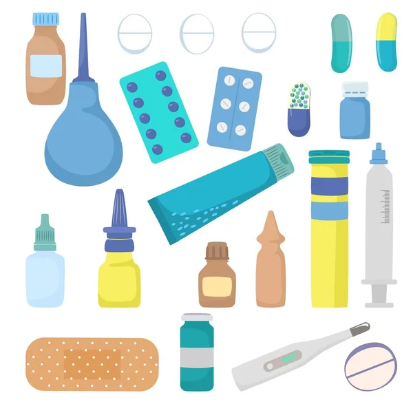 Medische apotheek drug icon set, geneeskunde home EHBO kit thermometer, medicijnen en verband platte vector illustratie, geïsoleerd op wit. — Stockvector
