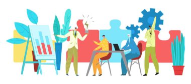 İş adamı profesyonel gelişim karakter ekip çalışması bulmacayı çözer, ofis çalışanı ampulü düz vektör çizimini tutar, beyaz üzerinde izole edilir.