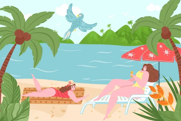Perempuan karakter bersama-sama bersantai panas pantai daerah tropis, indah romantis luar ruangan vektor datar ilustrasi, kegiatan rekreasi. - Stok Vektor