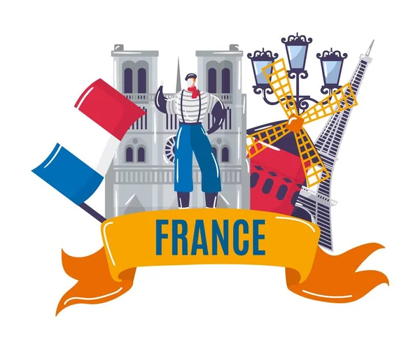 프랑스 문화, 파리 여행, 흰 벡터 일러스트, 에펠 타워 랜드마크, 유 로프 도시 건물, 유명 한 렌치에 고립 — 스톡 벡터