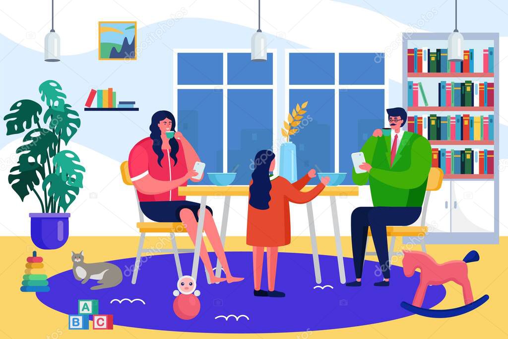 Family at home concept, vector illustration. Mother father kid character near dinner table together, happy kid talk with parents person.