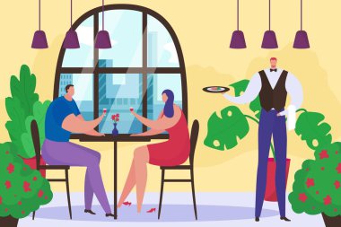 Romantik bir randevuda aşk çiftiyle restoran, vektör illüstrasyonu, yassı erkek kadın karakteri, masada yemek, kafe garsonu, yemek..