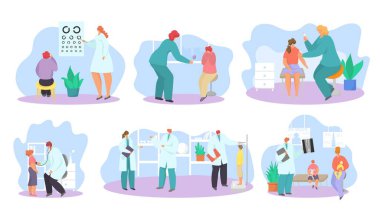 Pediyatrist doktor randevusu, beyaz sette izole edilmiş, vektör illüstrasyonu erkek kız karakter için editörel muayene, sağlık tasarımı..