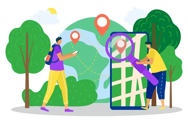 Aplicativo online com mapa, aplicativo móvel com ícone de localização, ilustração vetorial, homem pessoas personagem usar conceito de serviço de smartphone. —  Vetores de Stock