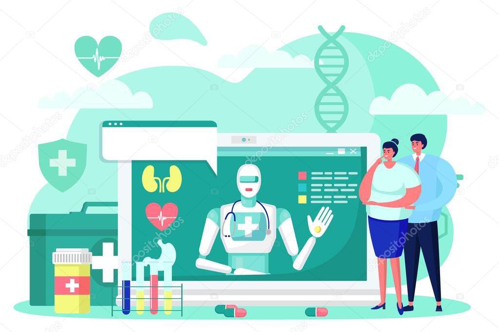 Future medicine cyborg online medical technology, vector illustration, futuristic robot help people patient character in hospital, artifical mind.