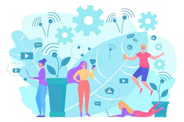 Akıllı telefon mesajı konsepti, vektör illüstrasyonu, düz mutlu erkek kadın karakter mobil sosyal medyada çevrimiçi konuşma için telefonu kullan.