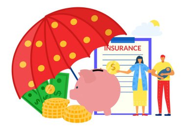 Koruma parası, güvenli finans konsepti, vektör illüstrasyonu, sigorta belgesi olan küçük erkek kadın karakter, domuz kumbarasındaki madeni paraları korumak..