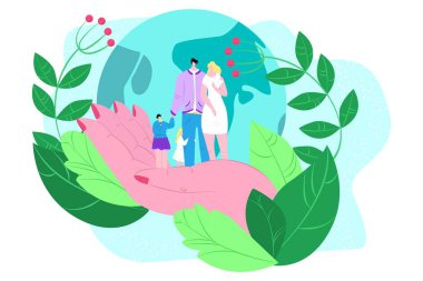 Çevre ekolojisi aile, vektör illüstrasyonu, minicik düz insanlar, kadın çocuk karakteri, küresel çevreyi önemser..
