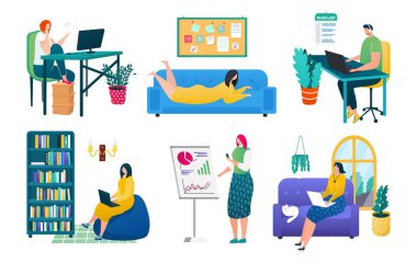 Ev seti, vektör illüstrasyonu, erkek kadın karakter bilgisayarı, beyaz koleksiyonda izole edilmiş, uzaktan kumandalı, serbest çalışan...