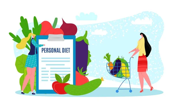 Plan de dieta con comida saludable, ilustración vectorial, personaje médico mujer mostrar menú de nutrición personal para la chica cliente con verduras. — Archivo Imágenes Vectoriales