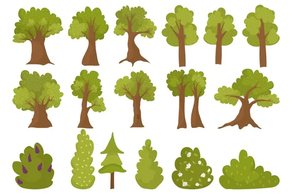 Isolerad på vitt träd set, vektor illustration, grön skog elementsamling, miljö natur växt med blad, gren design. — Stock vektor