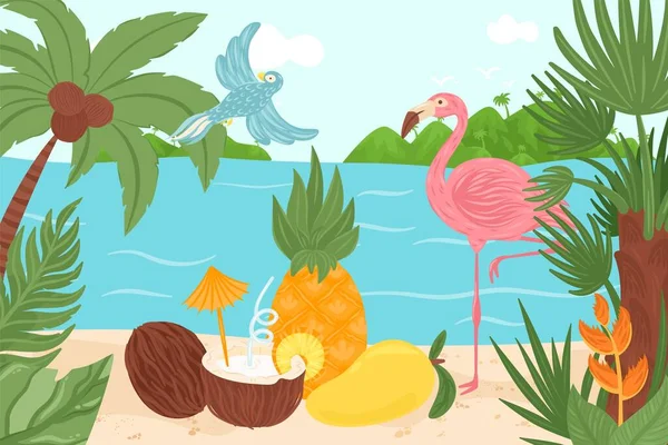 Tropikal egzotik element tasarımı, vektör çizimi, Hawaii 'deki yaz cenneti, kuş, okyanus kıyısındaki flamingo ve orman palmiyesi kavramı.. — Stok Vektör