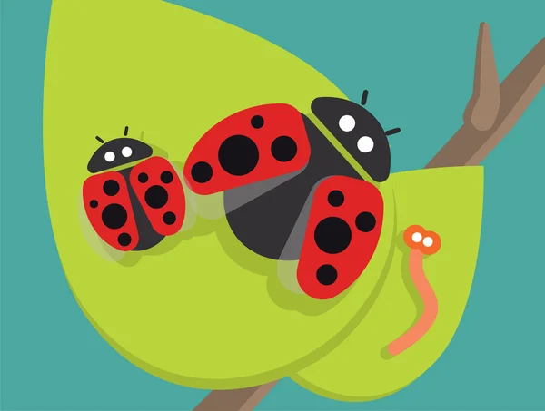 Ladybug family on green leaf — Stock Vector