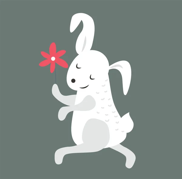 Cute bunny holding flower cute vector style. — ストックベクタ