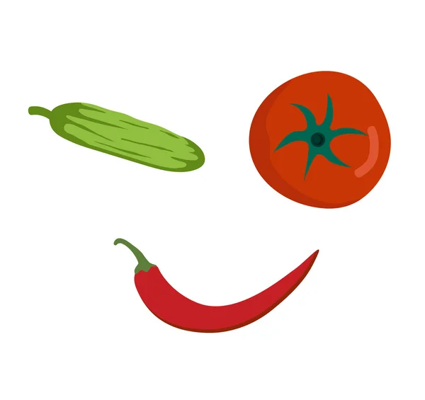 Fresh vegetables smile face on white background. Tomato, pepper and cucumber — Stock Vector