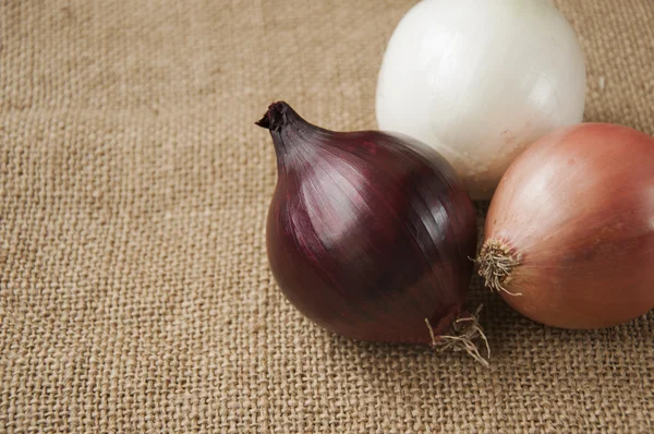 Verschillende uien op een bord op een achtergrond plundering, jute — Stockfoto