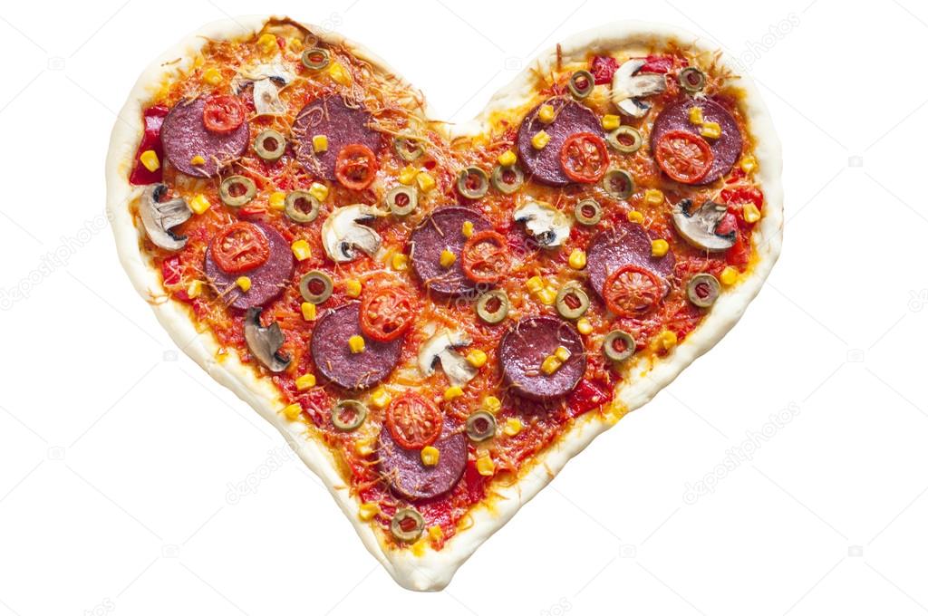 Pizza heart shaped with pepperoni, isolated on white background