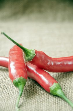 Arka plan çuval bezi üzerinde kırmızı biber biber