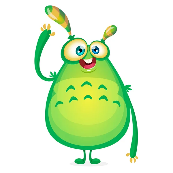 Vector de dibujos animados alienígena dice Hallo. Monstruo alienígena viscoso verde con tentáculos. Feliz Halloween monstruo verde saludando. Monstruo icono de carácter o logotipo ideal para la animación. Monstruo gordo verde y amarillo . — Archivo Imágenes Vectoriales