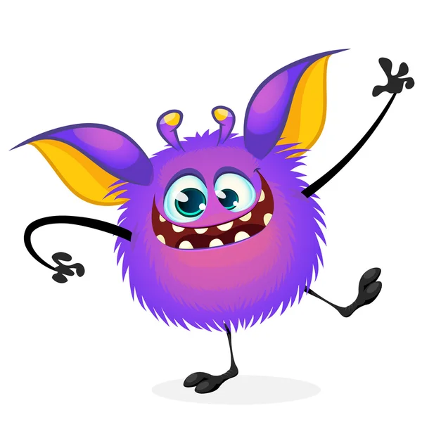 Vektor rajzfilm Halloween szörny integetett. Szőrös lila kör alakú monster nagy fülek tánc. Szörny játék karakter — Stock Vector