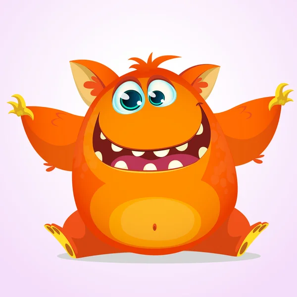 Desenhos animados vetoriais de um monstro de Halloween gordo e fofo de laranja. Monstro bonito com orelhas grandes sorrindo e acenando. Logotipo ou ícone do monstro. Ilustração de um monstro de desenho animado bobo com um grande sorriso quer um abraço —  Vetores de Stock