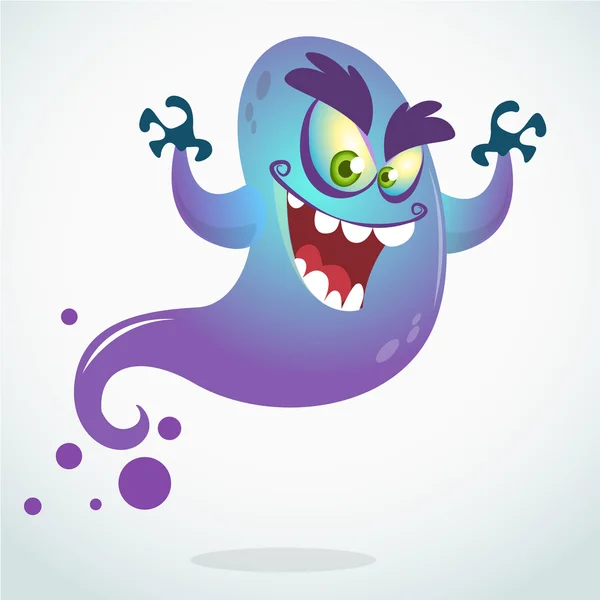 Cartoon flying monster. Vector Halloween illustration of smiling purple ghost with hands up — Stock Vector