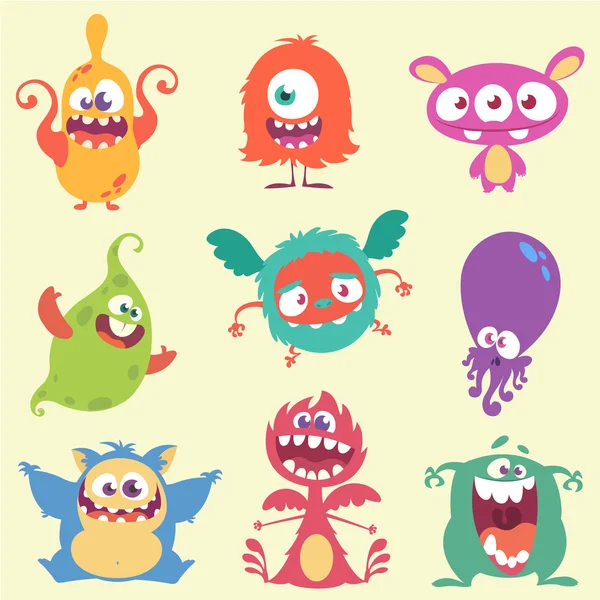 Monstruos de dibujos animados lindos e iconos de personajes alienígenas establecidos. Halloween vector ilustración — Vector de stock